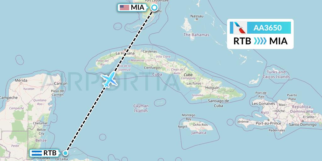 AA3650 American Airlines Flight Map: Roatan to Miami