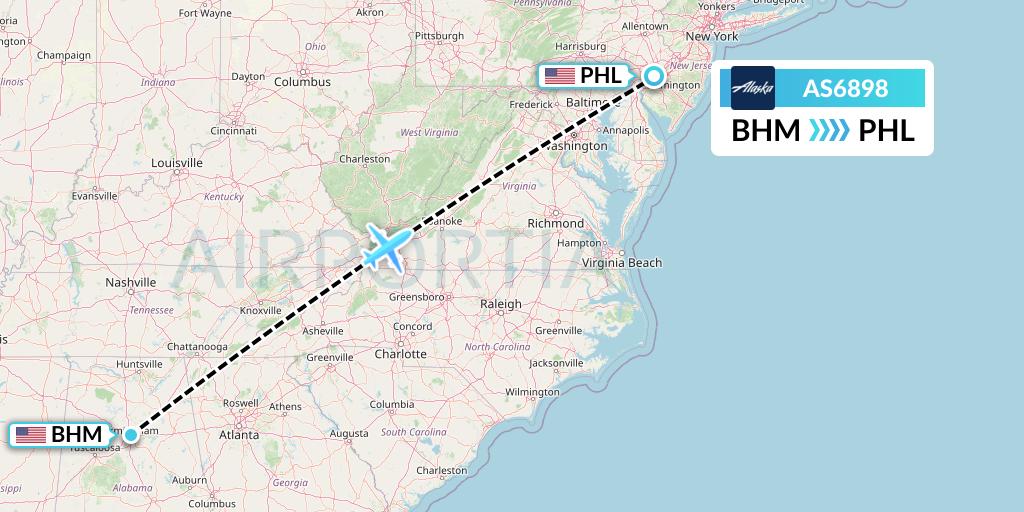 AS6898 Alaska Airlines Flight Map: Birmingham to Philadelphia