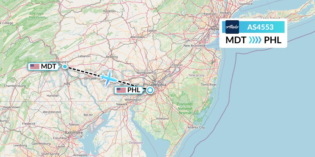 AS4553 Alaska Airlines Flight Map: Harrisburg to Philadelphia