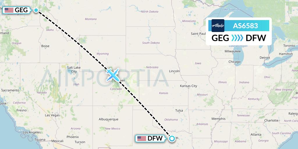 AS6583 Alaska Airlines Flight Map: Spokane to Dallas