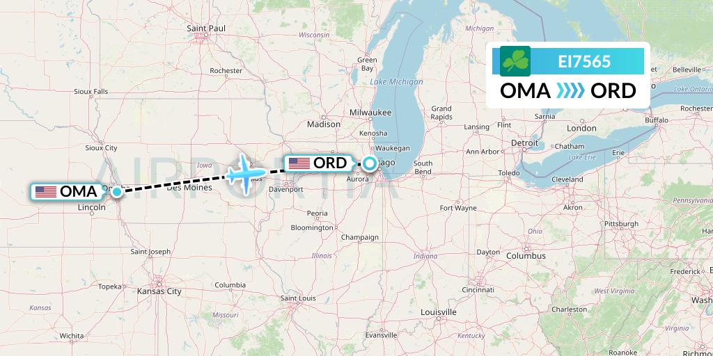 EI7565 Aer Lingus Flight Map: Omaha to Chicago