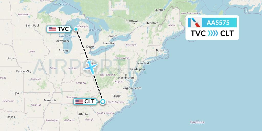 AA5575 American Airlines Flight Map: Traverse City to Charlotte