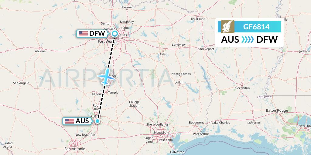GF6814 Gulf Air Flight Map: Austin to Dallas
