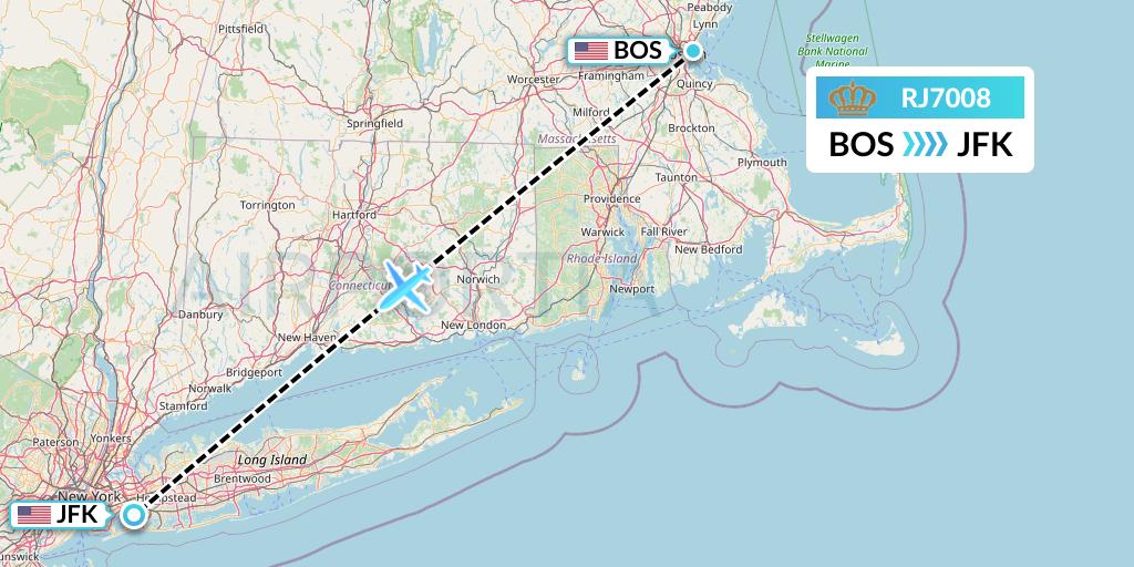 RJ7008 Royal Jordanian Flight Map: Boston to New York