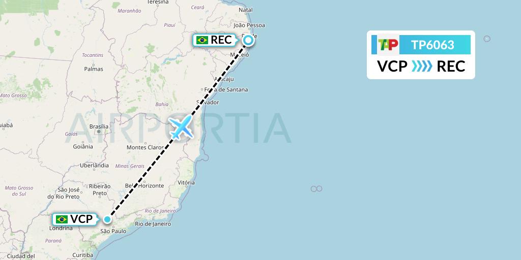 TP6063 TAP Portugal Flight Map: Campinas to Recife