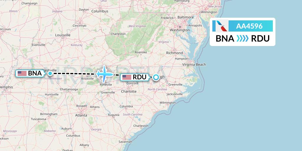 AA4596 American Airlines Flight Map: Nashville to Raleigh-Durham