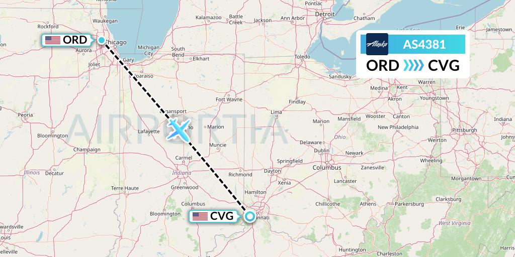 AS4381 Alaska Airlines Flight Map: Chicago to Cincinnati