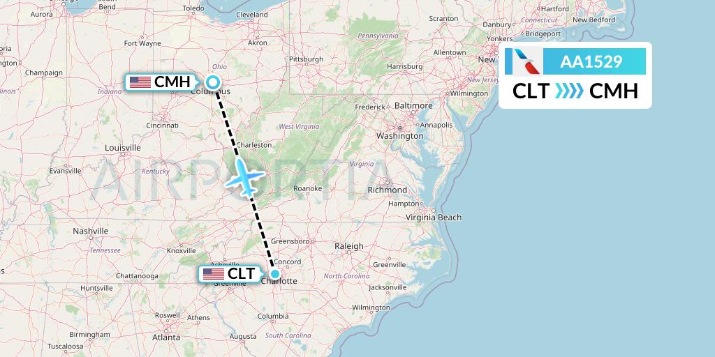 AA1529 American Airlines Flight Map: Charlotte to Columbus