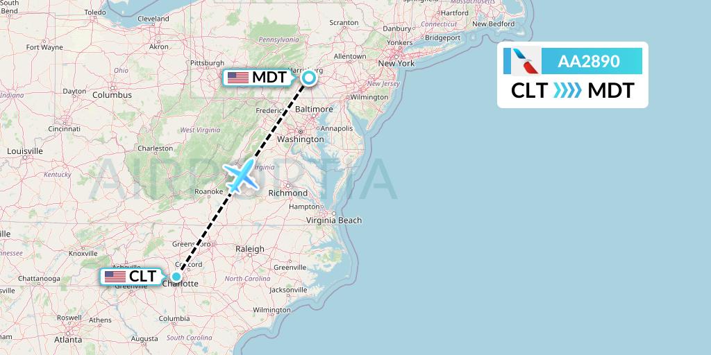 AA2890 American Airlines Flight Map: Charlotte to Harrisburg