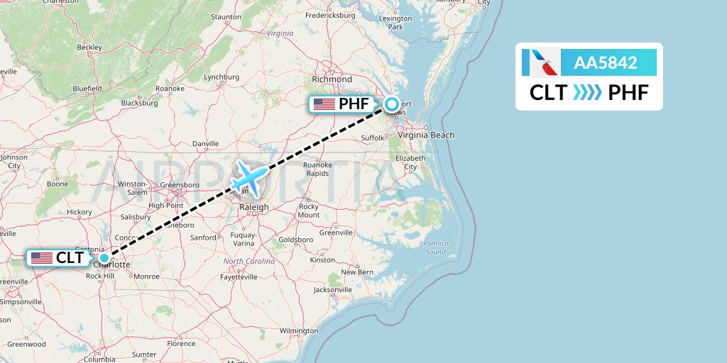 AA5842 American Airlines Flight Map: Charlotte to Newport News