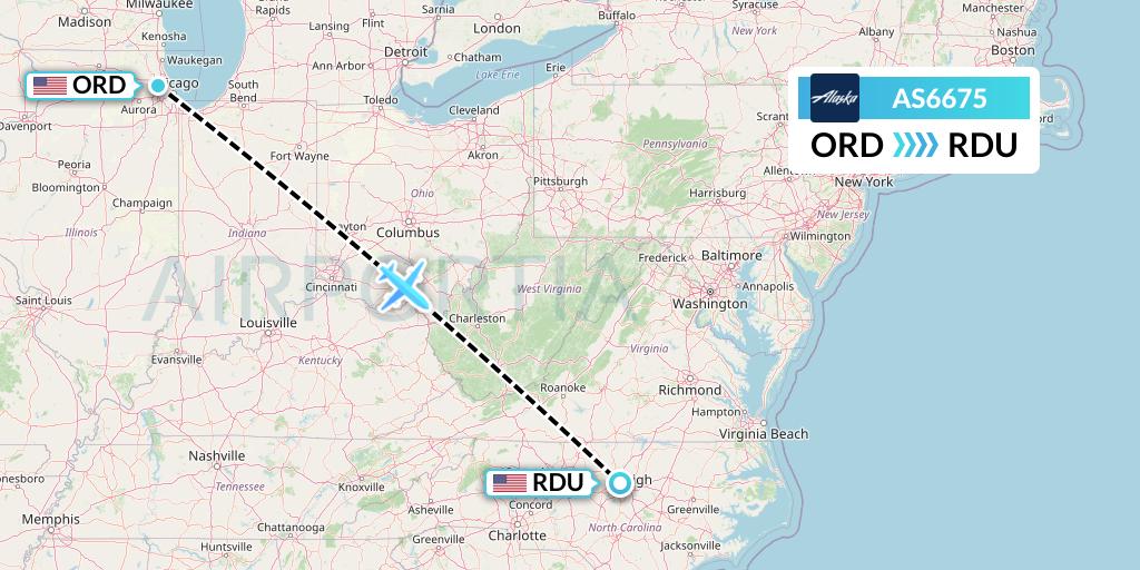 AS6675 Alaska Airlines Flight Map: Chicago to Raleigh-Durham
