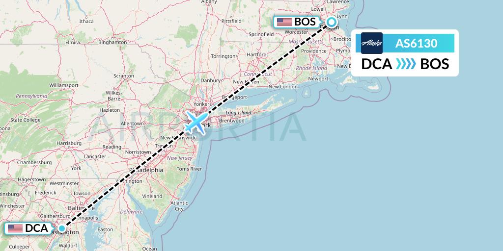 AS6130 Alaska Airlines Flight Map: Washington to Boston