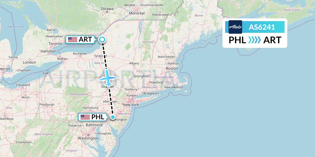 AS6241 Alaska Airlines Flight Map: Philadelphia to Watertown