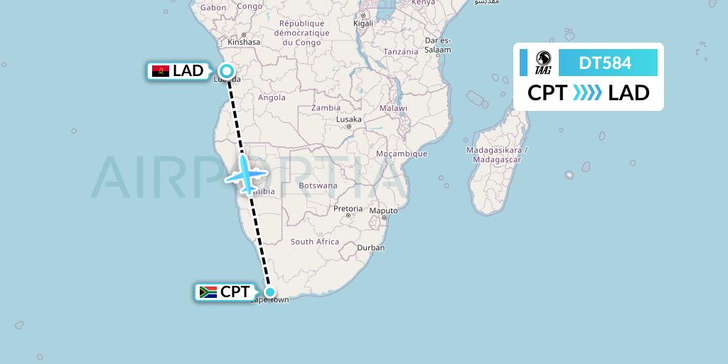 DT584 TAAG Angola Airlines Flight Map: Cape Town to Luanda