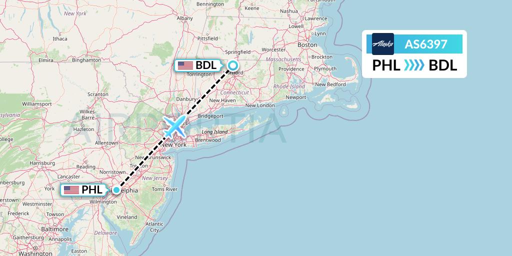 AS6397 Alaska Airlines Flight Map: Philadelphia to Windsor Locks