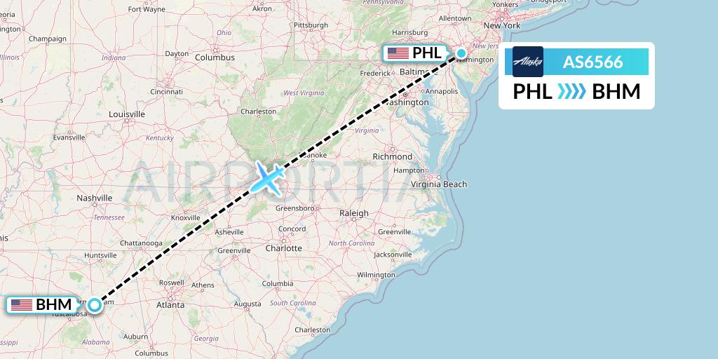 AS6566 Alaska Airlines Flight Map: Philadelphia to Birmingham