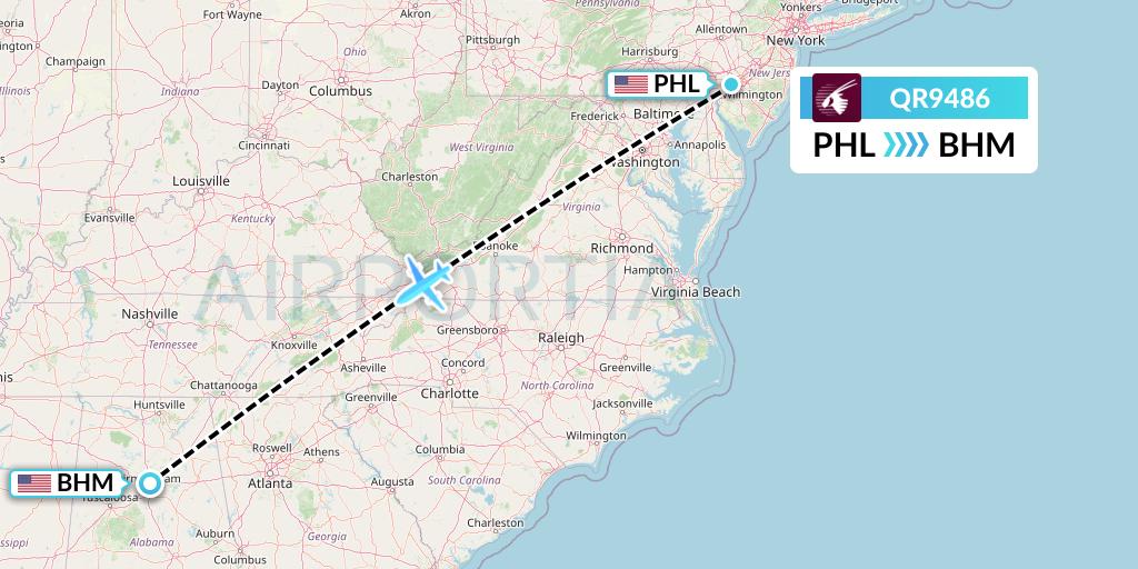 QR9486 Qatar Airways Flight Map: Philadelphia to Birmingham