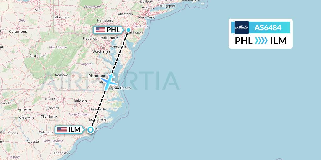 AS6484 Alaska Airlines Flight Map: Philadelphia to Wilmington