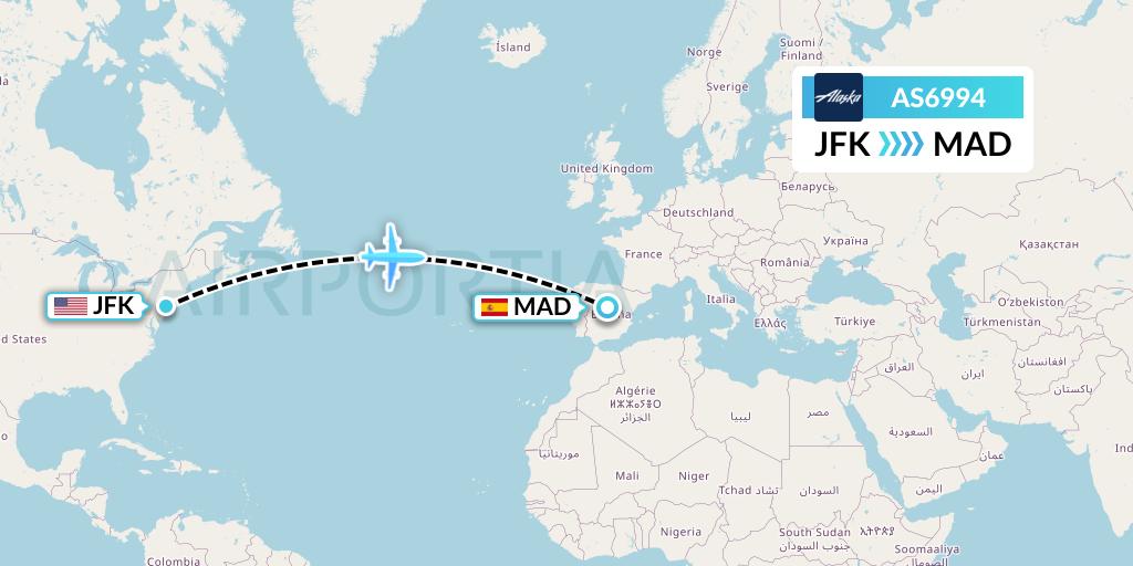 AS6994 Alaska Airlines Flight Map: New York to Madrid