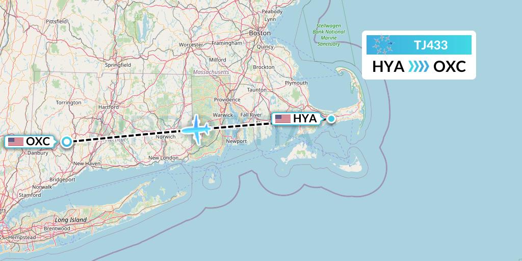 TJ433 Tradewind Aviation Flight Map: Hyannis to Oxford