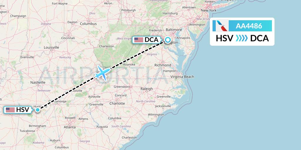 AA4486 American Airlines Flight Map: Huntsville to Washington