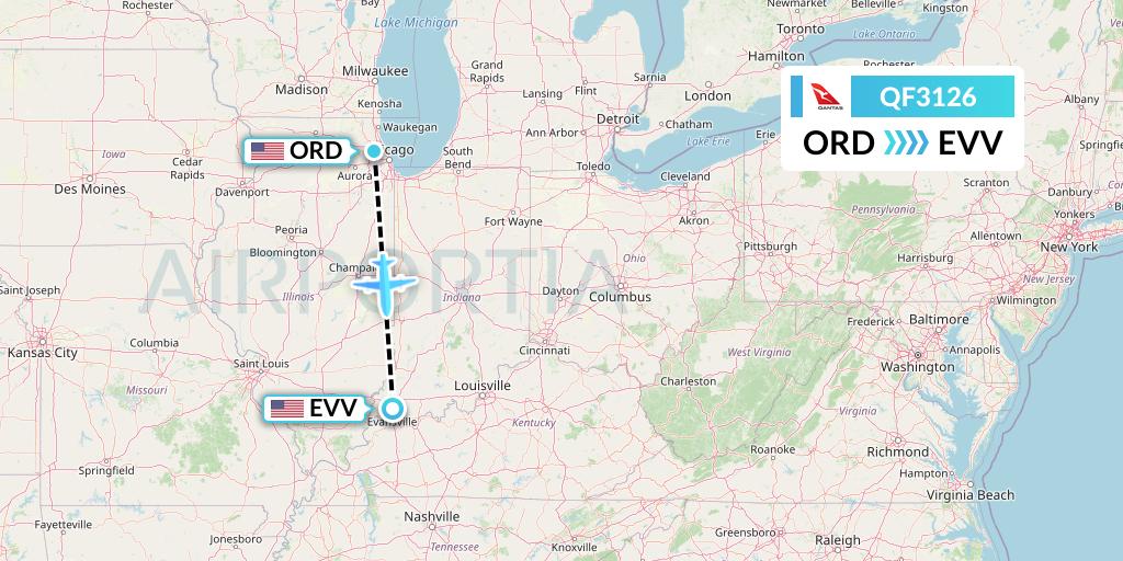 QF3126 Qantas Flight Map: Chicago to Evansville
