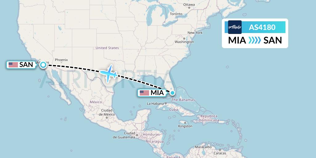 AS4180 Alaska Airlines Flight Map: Miami to San Diego