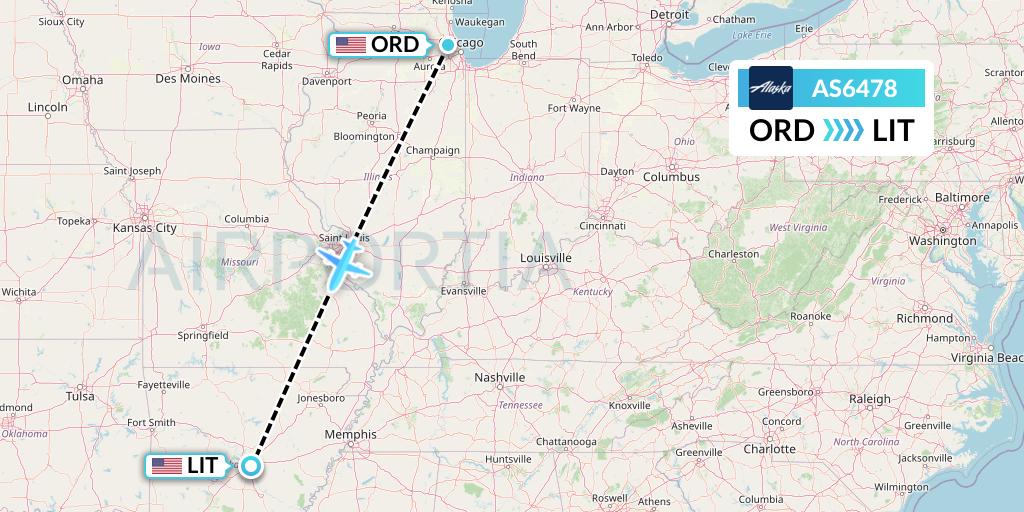 AS6478 Alaska Airlines Flight Map: Chicago to Little Rock