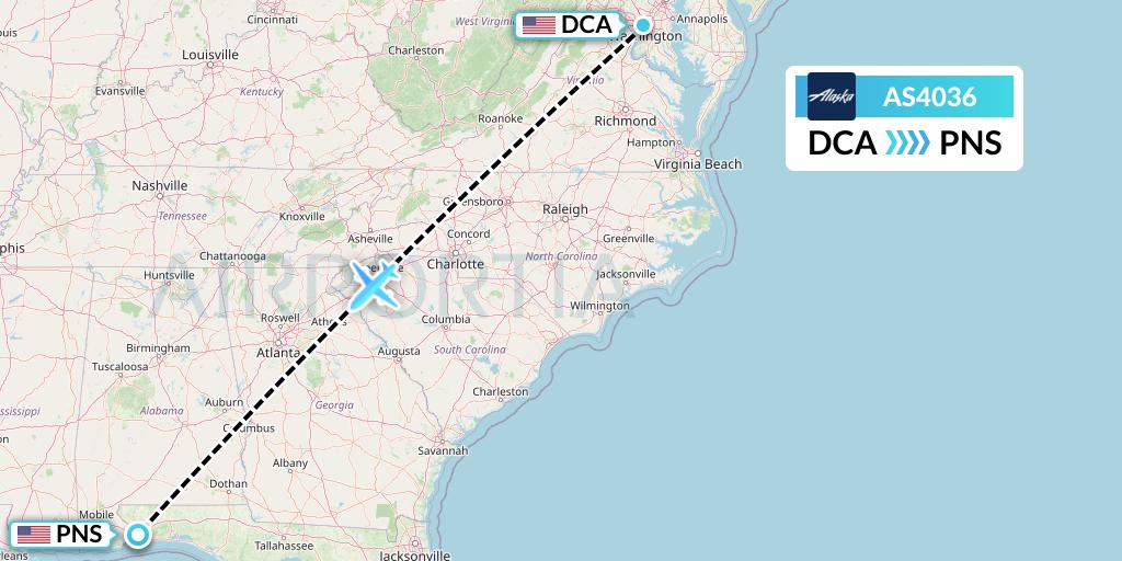 AS4036 Alaska Airlines Flight Map: Washington to Pensacola