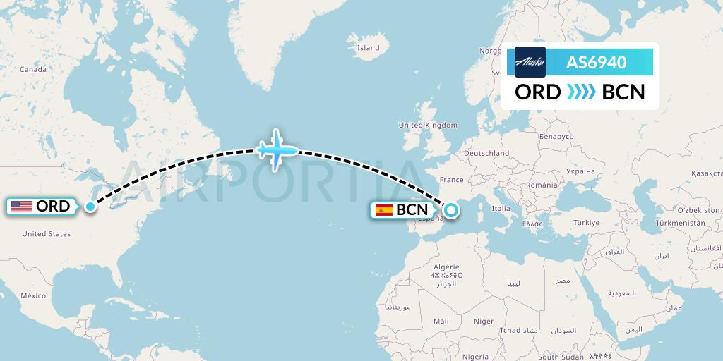 AS6940 Alaska Airlines Flight Map: Chicago to Barcelona