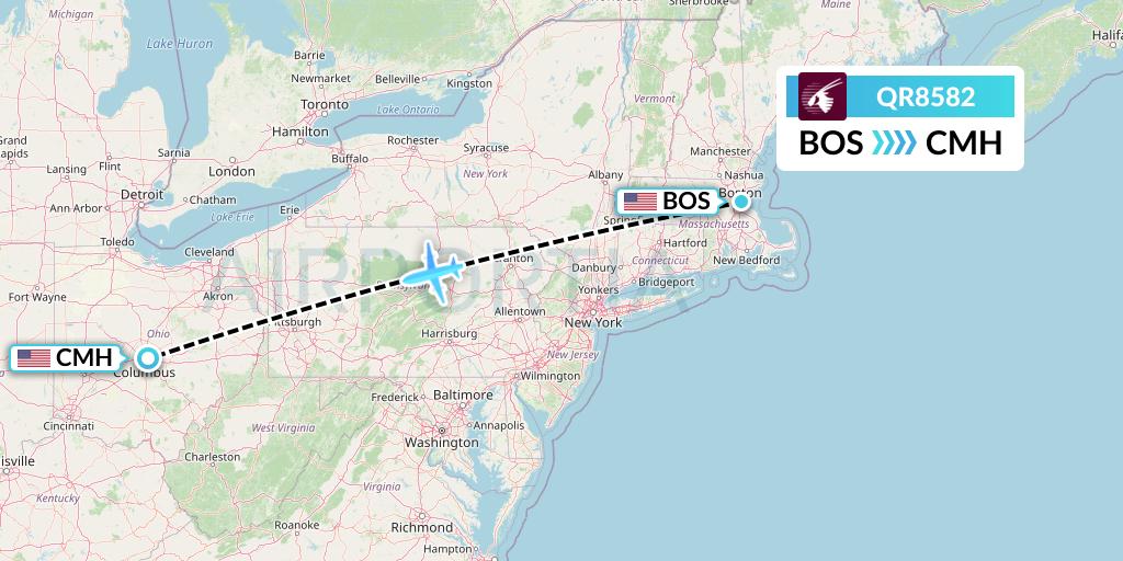 QR8582 Qatar Airways Flight Map: Boston to Columbus