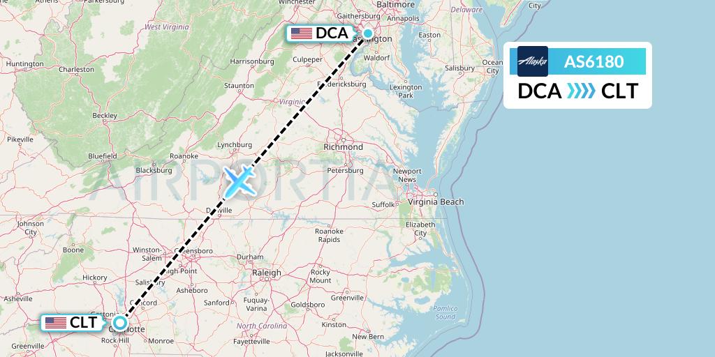 AS6180 Alaska Airlines Flight Map: Washington to Charlotte