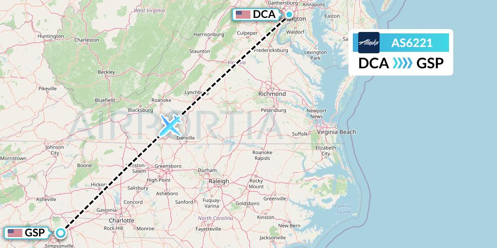 AS6221 Alaska Airlines Flight Map: Washington to Greenville-Spartanburg