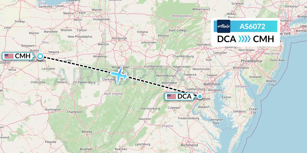 AS6072 Alaska Airlines Flight Map: Washington to Columbus