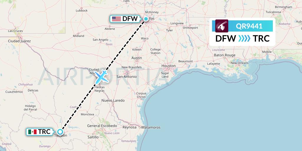 QR9441 Qatar Airways Flight Map: Dallas to Torreon