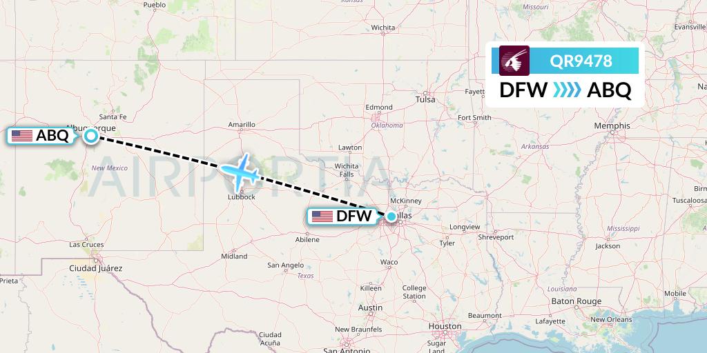 QR9478 Qatar Airways Flight Map: Dallas to Albuquerque