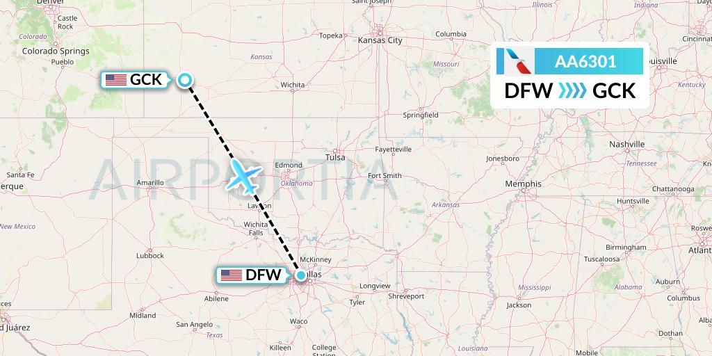 AA6301 American Airlines Flight Map: Dallas to Garden City