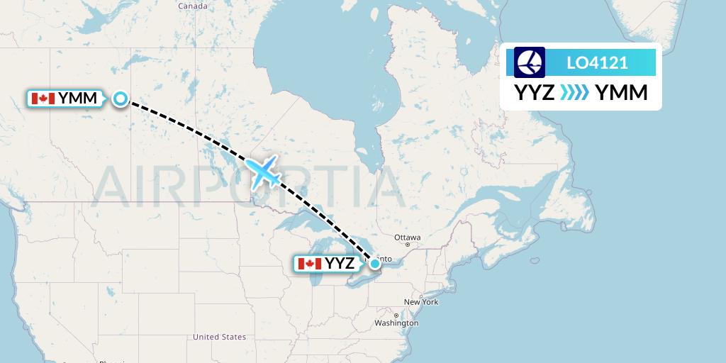 LO4121 LOT Flight Map: Toronto to Fort McMurray
