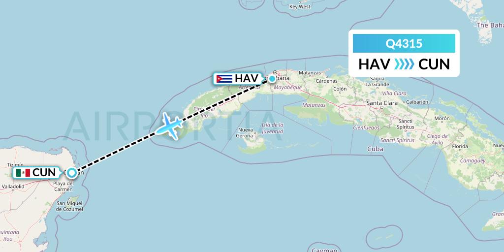 Q4315 Euroairlines Flight Map: Havana to Cancun