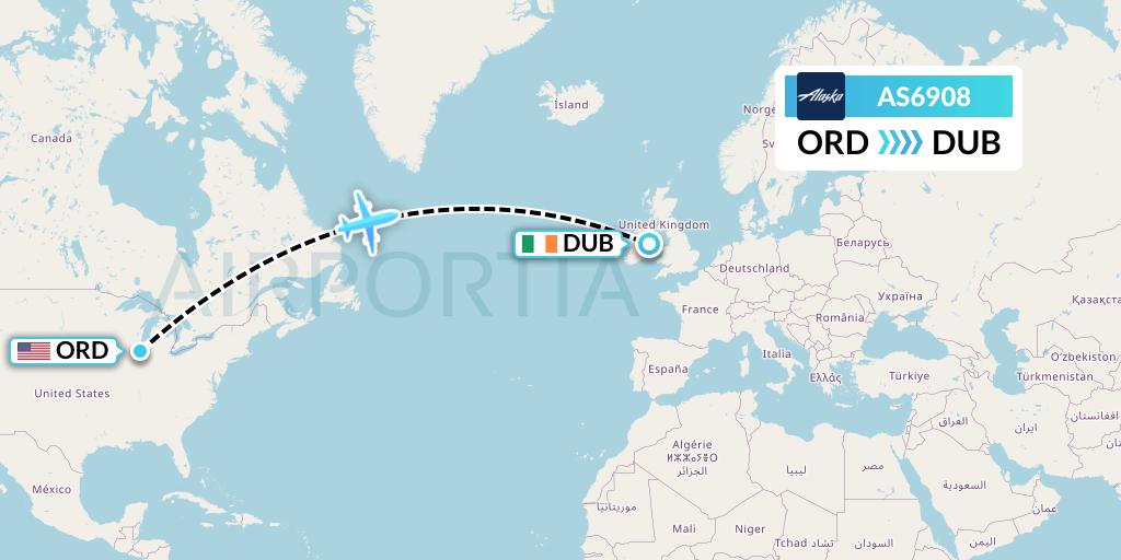 AS6908 Alaska Airlines Flight Map: Chicago to Dublin