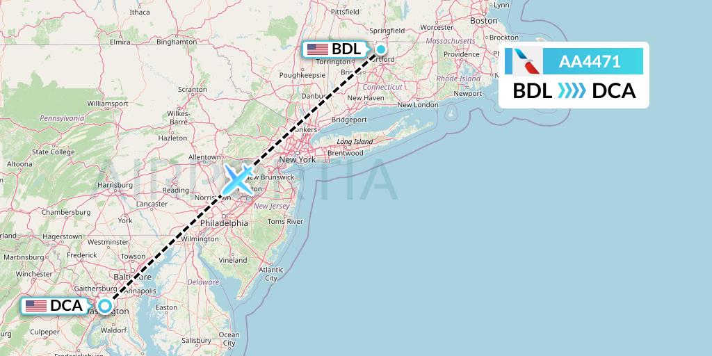 AA4471 American Airlines Flight Map: Windsor Locks to Washington