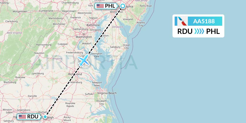 AA5188 American Airlines Flight Map: Raleigh-Durham to Philadelphia