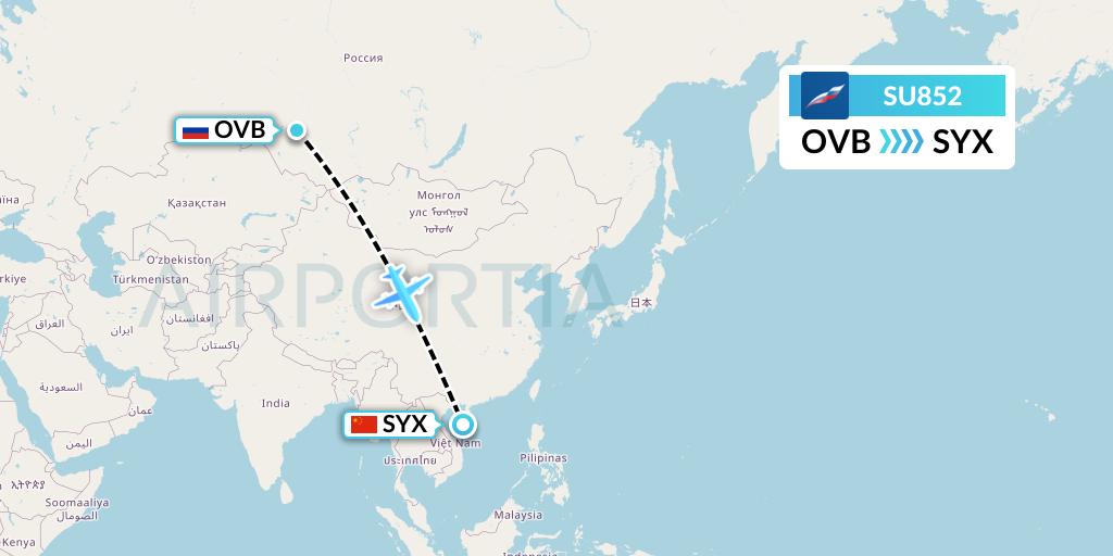 SU852 Aeroflot Flight Map: Novosibirsk to Sanya