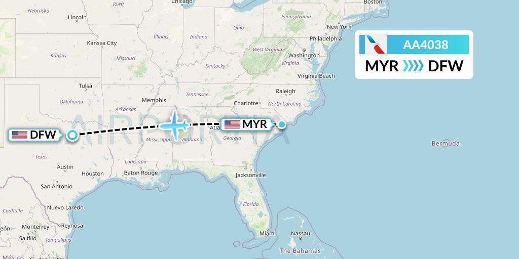AA4038 American Airlines Flight Map: Myrtle Beach to Dallas