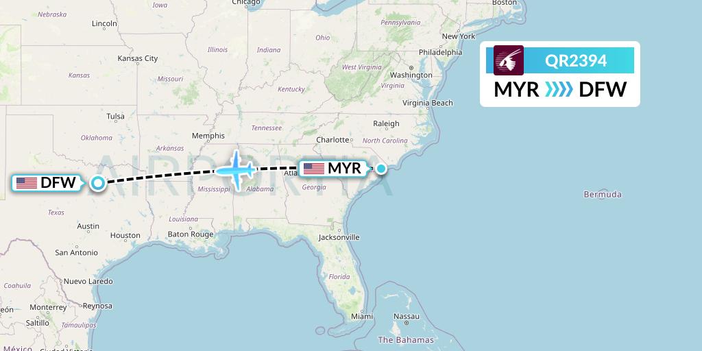 QR2394 Qatar Airways Flight Map: Myrtle Beach to Dallas