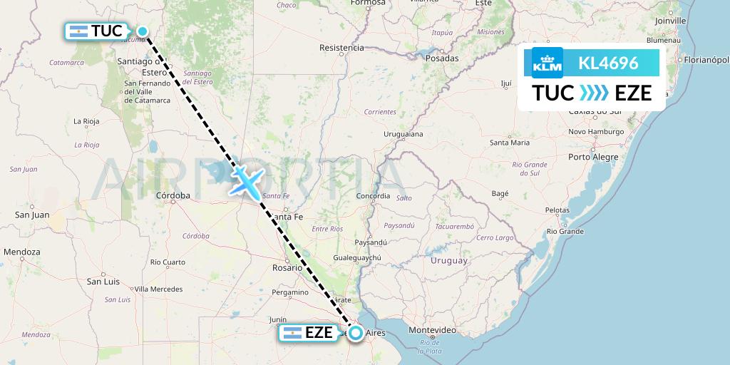 KL4696 KLM Flight Map: Tucuman to Buenos Aires