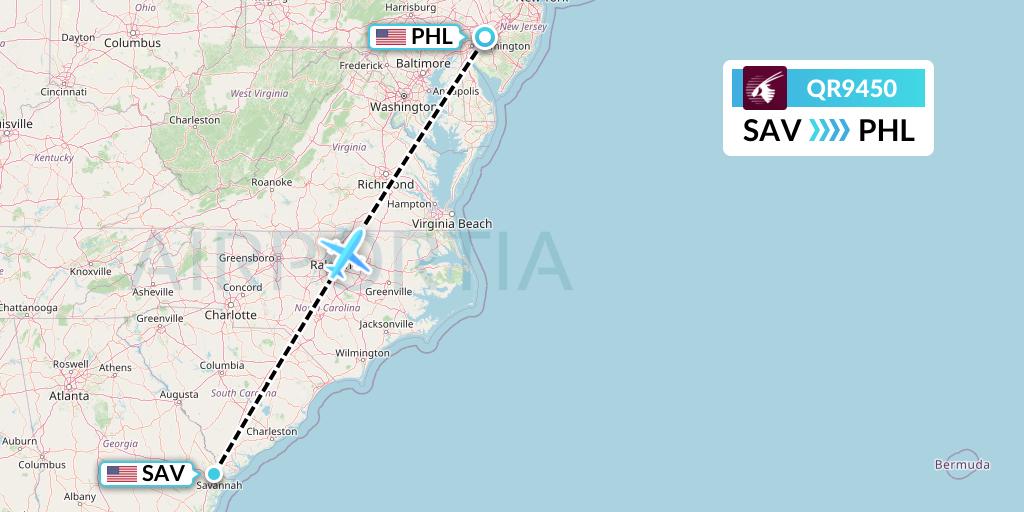 QR9450 Qatar Airways Flight Map: Savannah to Philadelphia