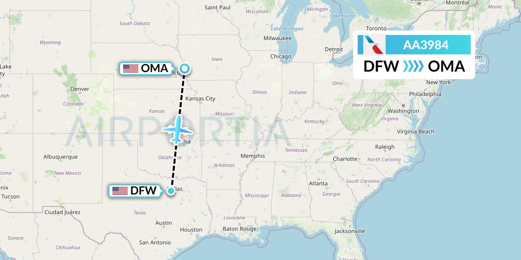 AA3984 American Airlines Flight Map: Dallas to Omaha
