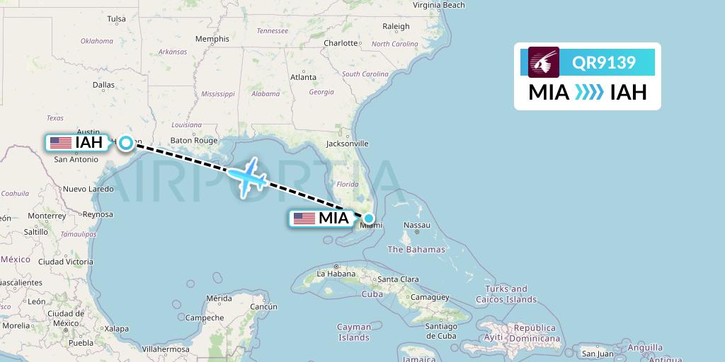 QR9139 Qatar Airways Flight Map: Miami to Houston