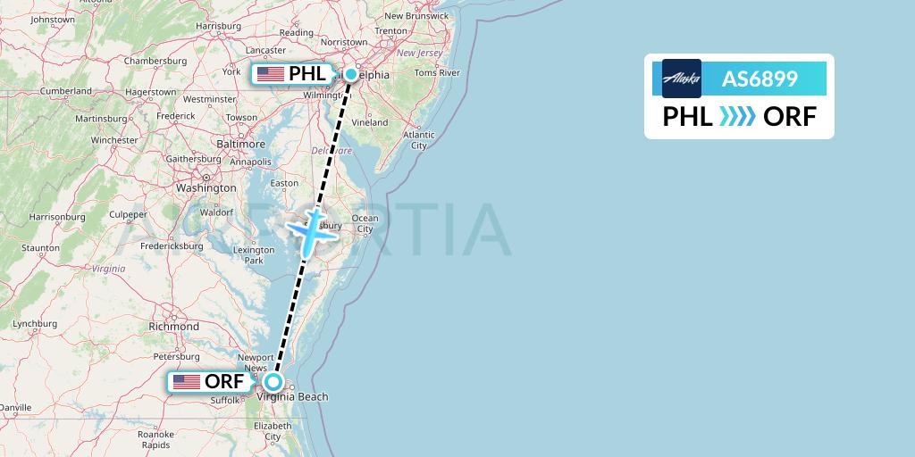 AS6899 Alaska Airlines Flight Map: Philadelphia to Norfolk